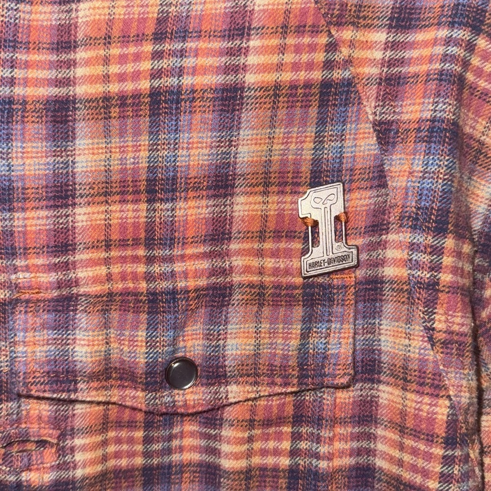 Harley Davidson Plaid Snap Button 100% Cotton Womens 2XL EUC Flannel Logo Biker - Picture 2 of 12